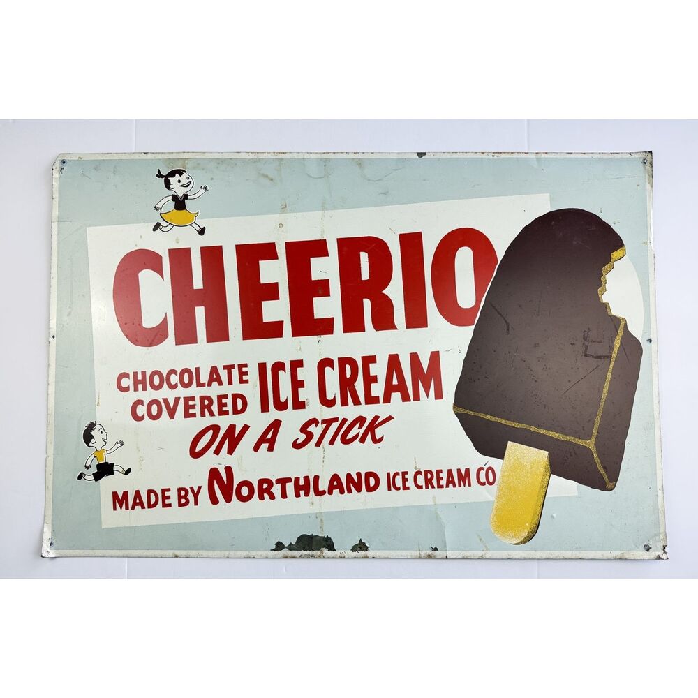 Vintage Cheerio Chocolate Covered Ice Cream Northland Ice Cream Co Tin Sign